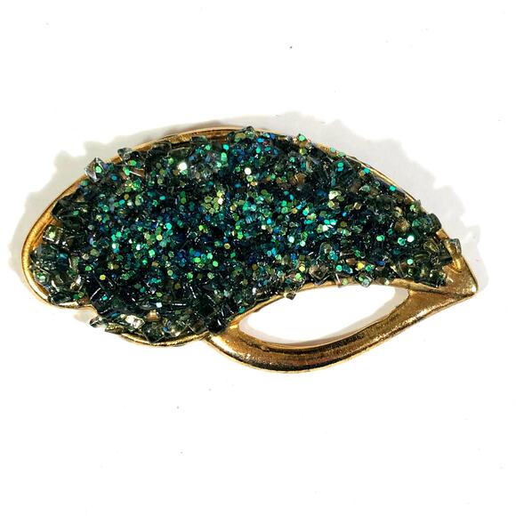 Green Glass Glitter Brooch Gold Tone Large Statement Vintage Retro Sparkle - Picture 1 of 11